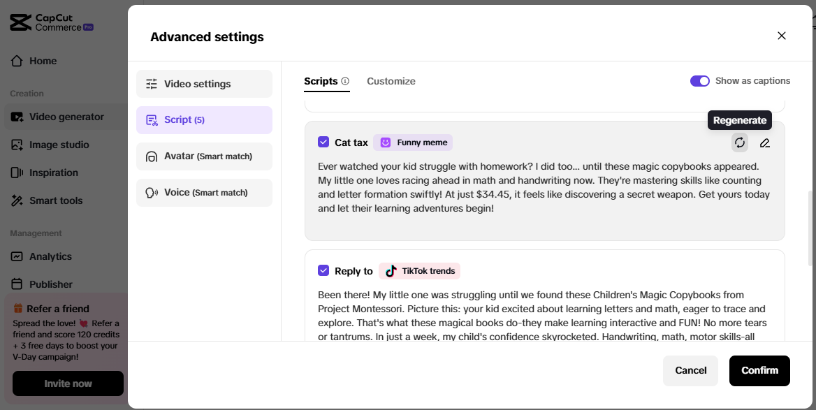 Pippit advanced settings showing script generation for viral video ideas and TikTok trends.